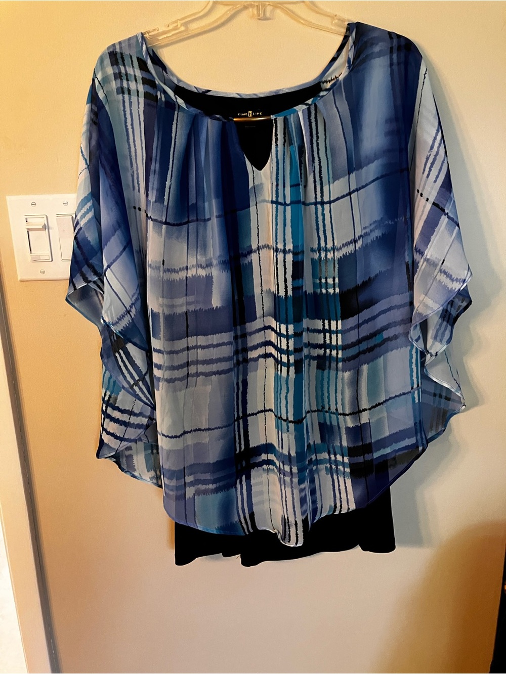 Time Line Blue Plaid Keyhole Overlay Blouse XL flair